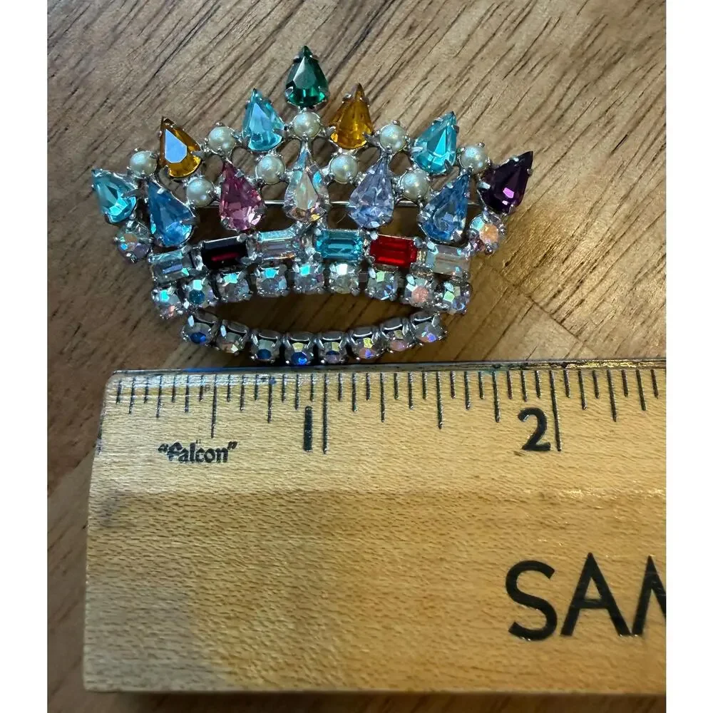 Vintage Signed B. David Rhinestone Crown Brooch 1955 - 1965 Costume Jewelry
